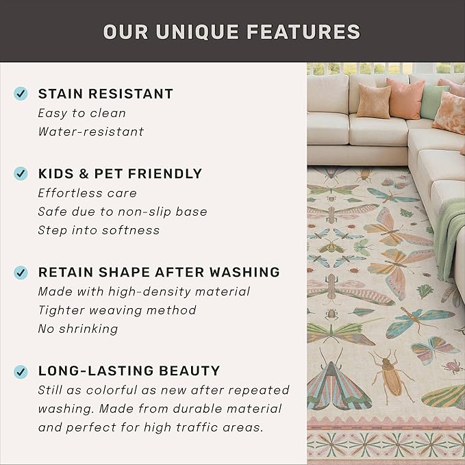 3x5 Flower Area Rug for Girls Bedroom - Washable Light Pink Large Entryway Rug for Laundry Room, Kitchen, Bedroom, Dorm, Insect Print Vintage Floral Non-Slip Throw Rug Low Pile Stain Resistance