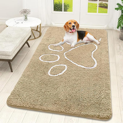 OLANLY Dog Door Mat for Muddy Paws 59x32, Paw Print Design, Absorbs Moisture and Dirt, Absorbent Non-Slip Washable Doormat, Quick Dry Chenille Mud Mat for Dogs, Entry Indoor Entryway Carpet, Beige