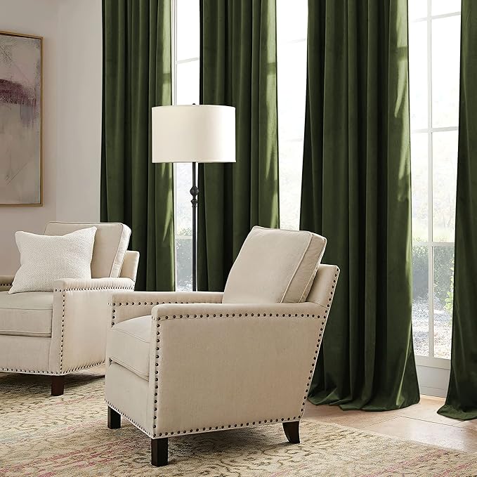 RYB HOME Olive Green Velvet Curtains 63 inches Length with Hook Tape, Thermal Insulated Privacy Protect Decorative Drapes for Bathroom Window, W 42 x L 63 inches, 2 Panels Set