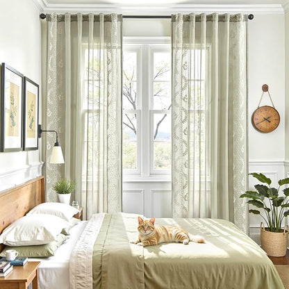 jinchan Belrose Sage Green Floral Sheer Curtains for Bedroom 63 Inch Long Voile Embroidered Farmhouse Curtains for Living Room Ivory Flower Patterned Rod Pocket Window Treatments, 2 Panels Green