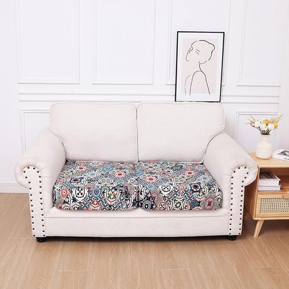 hyha Printed Couch Cushion Covers, Floral Sofa Covers Washable for 2 Cushion Couch, Stretch Pattern Outdoor Cushion Covers for Patio Furniture with Elastic Bottom(2 Packs, Patchwork Moroccan)