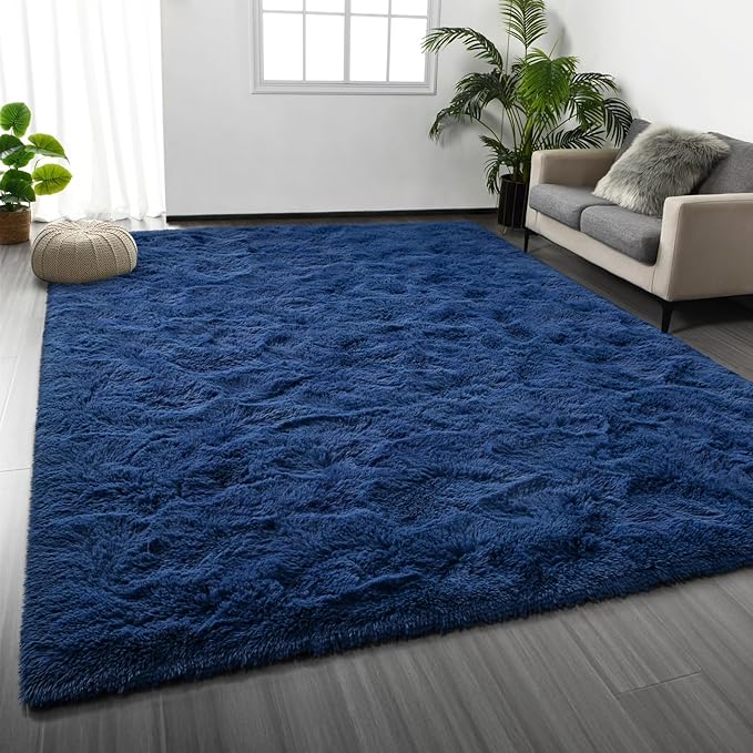 Deerhoo Shag Area Rug, 4 X 6 Plush Fuzzy Rugs for Living Room, Ultra Soft Fluffy Furry Rug for Bedroom, Indoor Carpet Nursery Rugs for Kids Room Home Decor, Navy Blue