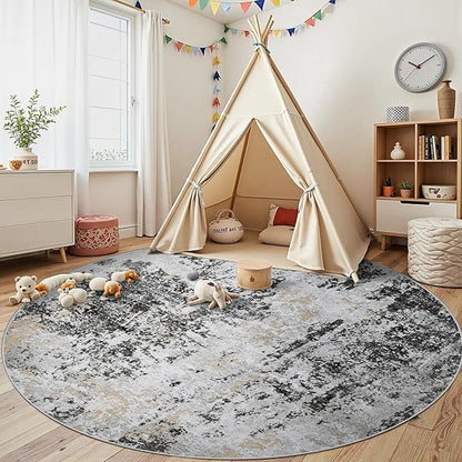 Round Rug 8ft Circle Rug Washable: Carpet Circular Area Rug for Entryway Kitchen Bedroom Dining Room Living Room Large 8 Feet Abstract College Dorm Non Slip Low Pile Black Grey Gold