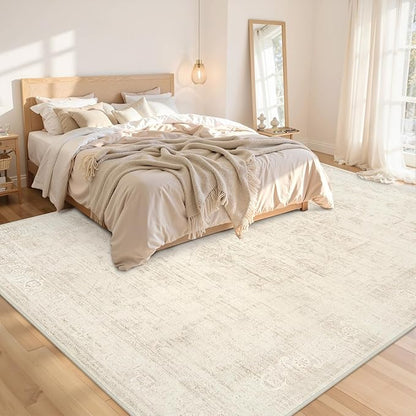 8x10 Area Rugs for Living Room: Vintage Boho Neutral Washable Rug Indoor Soft Large Area Rug Carpet for Bedroom Nursery Farmhouse Dining Room Office Floor Non-Slip Low Pile Under Table Rug Dark Beige