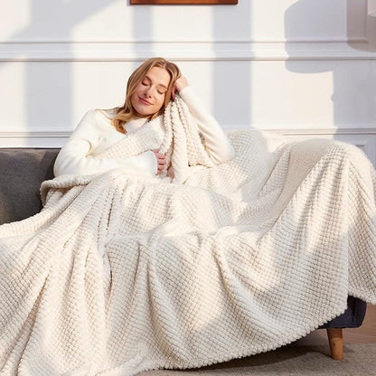 Whale Flotilla Queen Size Fuzzy Fleece Blanket for Bed, 90x90 Inch Fluffy Warm Soft Jacquard Blankets for All Season, Lightweight and Cozy, Ivory