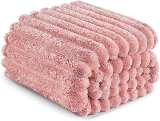 Exclusivo Mezcla Twin Size Flannel Fleece Blanket, Super Soft Striped Jacquard Bed Blanket, Lightweight Fuzzy Cozy for All Seasons, 60x80 Inches, Pink