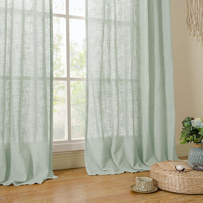 LAMIT Short Linen Window Curtains 40 Inch Length 2 Panels, Light Sage Semi Sheer Light Filtering Panels Back Tab and Rod Pocket Neutral Drapes for Basement/Window/Loft Room, 34 x 40 Inch