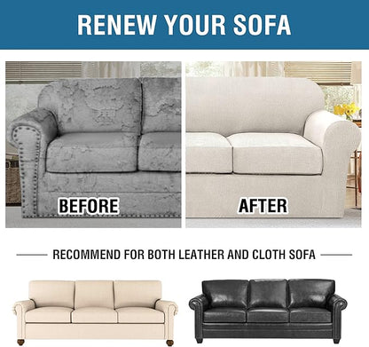 H.VERSAILTEX 4 Piece Stretch Sofa Covers for 3 Cushion Couch Covers for Living Room Furniture Slipcovers (Base Cover Plus 3 Seat Cushion Covers) Upgraded Thicker Jacquard Fabric (XL Sofa, Ivory)