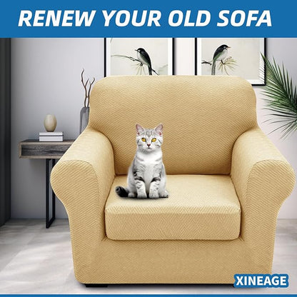 XINEAGE 2026 New 2 Pieces Chair Covers with Arms Super Stretch Chair Slipcover for Living Room Pet Dog Universal Slip Cover Anti Slip Armchair Furniture Protector (Beige), 31"-46"(1 Cushion)