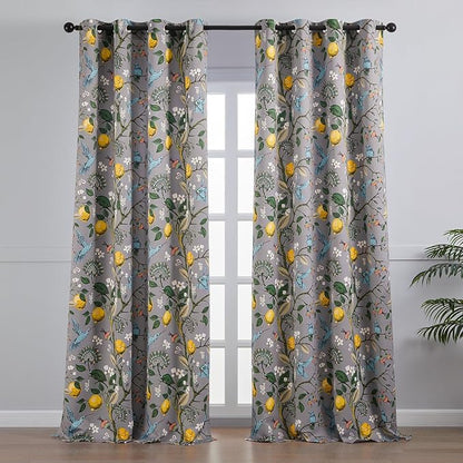 Topfinel 90 Inches Long Curtains, Gray and Yellow Moody Country Anthropologie Cabin Blackout Sun Block Floral Hummingbird Plant Lemon Patterned Grommet Damask Drapes Two Pages for Living Room Office