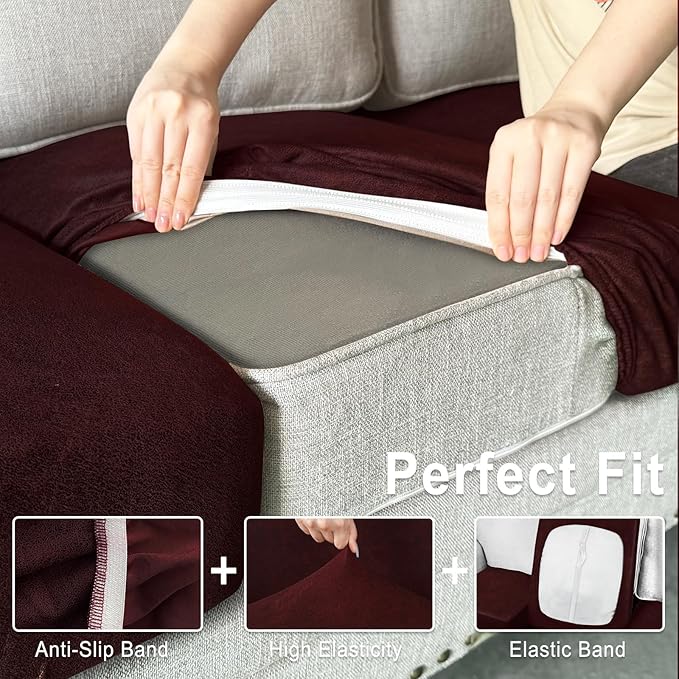 Leather Look Couch Cushion Covers Sofa Seat Slipcovers Sets Couches Furniture Protector for Sectional Armchair Loveseat Pets Kids Stretch Spandex Fabric (1 Cushion Armchair, Burgundy)