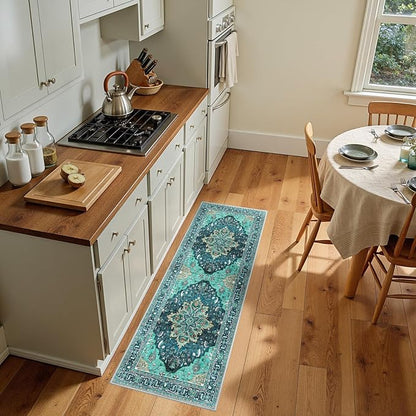 RELEANY Area Rugs 2'x5' Runner Rug Non Slip Washable for Kitchen Hallway Bedroom Beside Laundry Room Bathroom Rug, Floor Carpet, Teal Green Lake Blue Turquoise