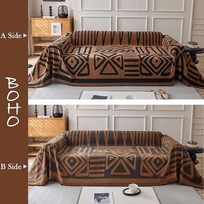 HANDONTIME Boho Geometric Couch Covers for Sofa Pet Friendly Brown and Black Sofa Covers Washable Chenille Couch Blanket Cover for 2 3 Cushion Couches Pet Protector Furniture Cover Soft, 71" X 118"