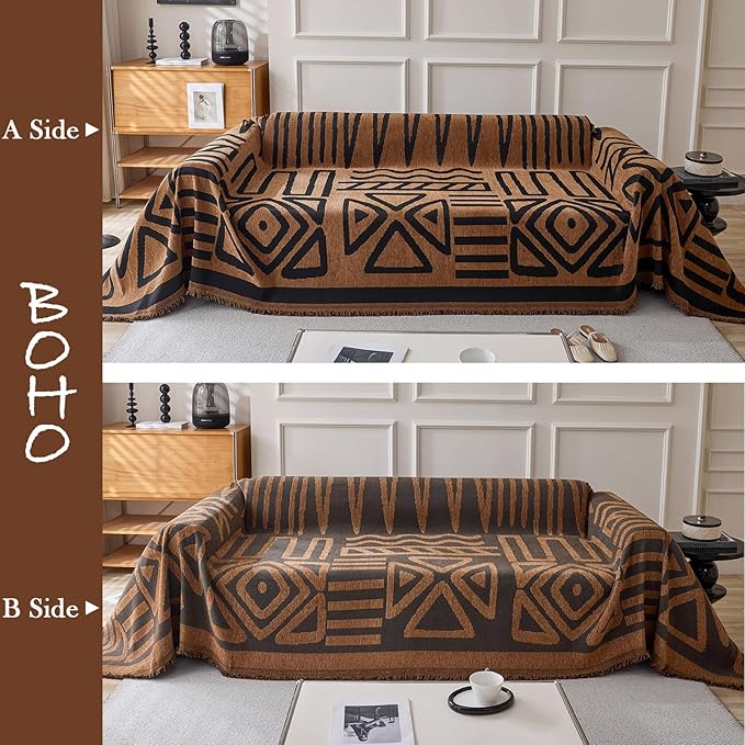 HANDONTIME Boho Geometric Couch Covers for Sofa Pet Friendly Brown and Black Sofa Covers Washable Chenille Couch Blanket Cover for 3 4 Cushion Couches Pet Protector Furniture Cover Soft, 71" X 150"