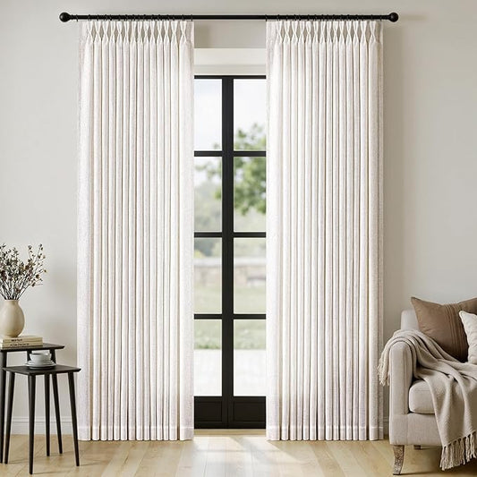 MIULEE Extra Wide 60 Inch Width Pinch Pleated Thick Linen Curtains 96 Inches Long 2 Panels for Patio Sliding Glass Door Living Room Bedroom Large Windows, Memory Trained Nautral Drapes Hooks&Rings