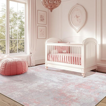 Washable Area Rugs 4'x5' Non-Slip Modern Abstract Soft for Living Room Entryway Bedroom Nursery, Print Pattern, Grey Pink