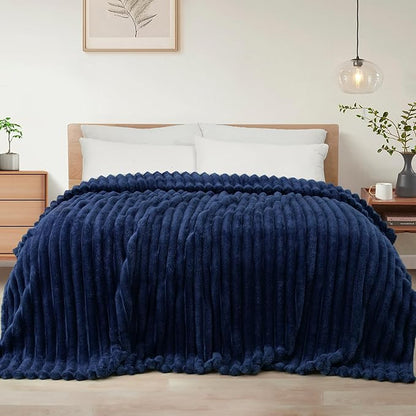 Exclusivo Mezcla King Size Flannel Fleece Blanket, Super Soft Striped Jacquard Bed Blanket, Lightweight Fuzzy Cozy for All Seasons, 90x104 Inches, Navy Blue