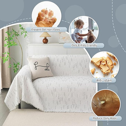 MYSKY HOME Couch Covers for 2 Cushion Couch Sectional Sofa, L Shape Sofa Protector White Chenille Couch Cover, Sofa Covers Washable Blanket with Tassel Pet Couch Cushion Cover, 71"X102"