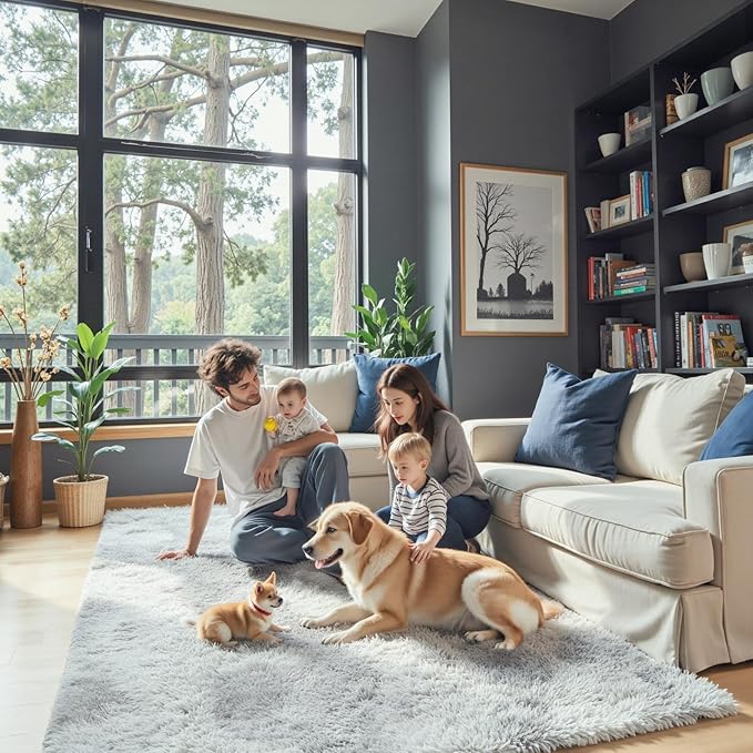Rugs for Living Room 5x8, Alfombras para Salas Shag Large Plush Soft Area Rug, Shaggy Carpets for Bedroom, Kids Boys Girls Home Decor Aesthetic (Light Grey Tie-Dyed, 5x8 Feet)