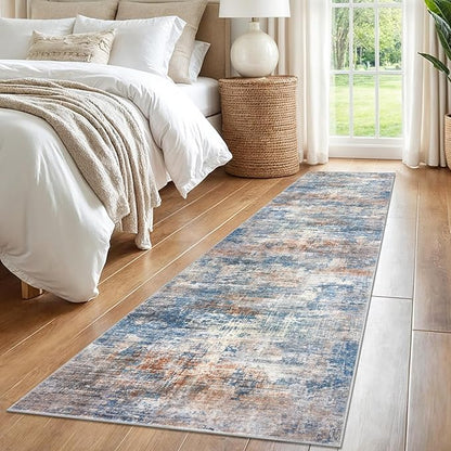 IOHOUZE Abstract Runner Rug 2x8 Ft Washable Runners for Hallways, Non Slip Kitchen Runner Printed Faux Wool Entryway Runner Indoor, Modern Abstract Floor Carpet for Hall Bedroom, Blue Rust