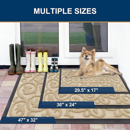 Smiry Welcome Door Mat Outside Entrance, Heavy Duty Trap Dirt and Moisture Easy Clean Low Profile Patio Porch Indoor Outdoor Front Doormat for Entry, 35x23 Inch, Beige