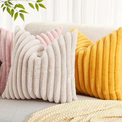 decorUhome Summer Cozy Faux Fur Throw Pillow Covers 20x20 Set of 2 Decorative Soft Plush Striped Modern Farmhouse Boho Couch Pillow Cases with Velvet Back for Sofa Bed Living Room, Beige