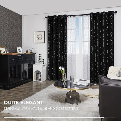 Deconovo Blackout Curtains 84 Inches Long, Black Drapes for Living Room with Wave Dots Silver Print, Soundproof Thermal Insulated Privacy Window Curtain for Bedroom Nursery, Set of 2, Machine Washable