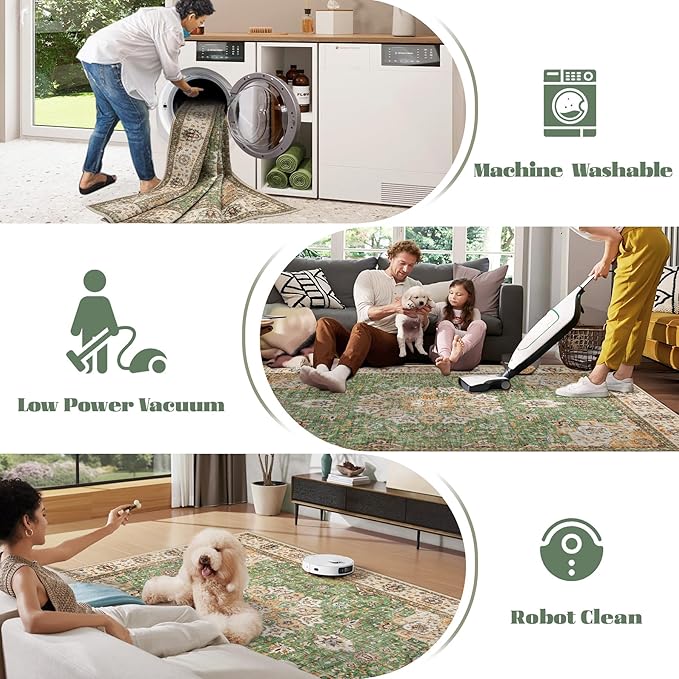 Area Rug 5x7 Washable Rug, Vintage Boho Medallion Rugs Non-Slip Soft Low Pile Large Distressed Rug Indoor Retro Carpet for Living Room Bedroom Dining Room Home Office (Vintage Green, 5'x7')