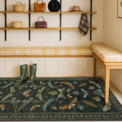 Washable Insect 2x8 Long Runner Rug for Hallway - Stain Resistant Kitchen Rug Non Slip, Indoor Floor Mats for Entryway with Nature Butterfly Design, Low Pile & Soft (Dark Green)