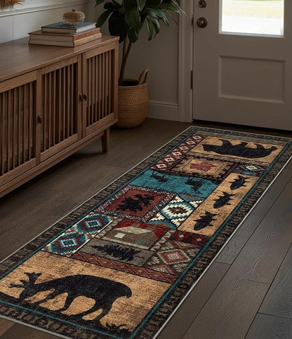 Hallway Runner Rug 2x6 Indoor Door Mat - Bear Rustic Cabin Non-Slip Entryway Rug, Low Pile Tribal Print for Kitchen, Bedroom
