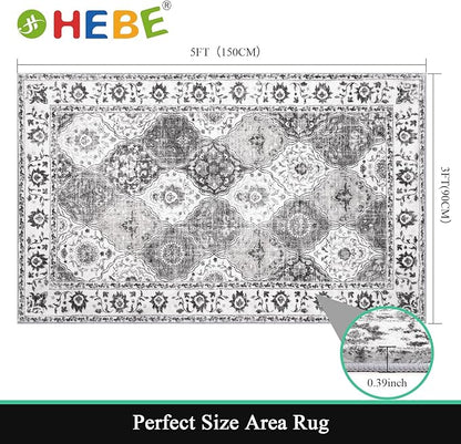 HEBE Washable Area Rug - 3'x5' Non Slip Soft Distressed Medallion Bedroom & Living Room Accent Throw Vintage Entry Floor Carpet for Dining Room & Bathroom Entryway