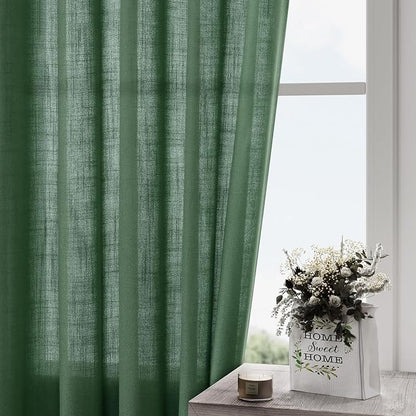 Nanspring Green Boho Curtains for Bedroom Back Tab Rod Pocket Semi Sheer Linen Curtains 90 Inches Long 2 Panel Set Light Filtering Neutral Farmhouse Lightweight Drapes for Living Room 52x90