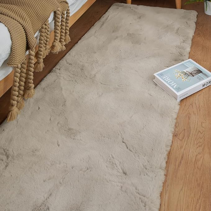 ORINOVA Beige Plush Faux Rabbit Shaggy Fur Rug for Living Room Large Fluffy Washable Runner Area Rugs for Bedroom 2x8 Runner Nursery Rug