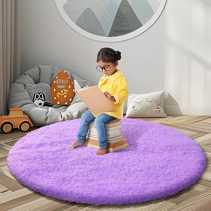 Super Soft Circle Rugs for Girls Princess Castle Toddlers Play Tent 5 Diameter Circular Area Rugs for Kids Bedroom Baby Room Decor Round Shag Playhouse Carpets(Φ5, Purple)