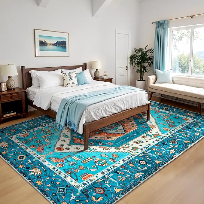 SERISSA 6x9 Area Rugs for Living Room, Large Washable Non-Slip Boho Rug, Ultra Soft Vintage Blue Oriental Tribal Print Distressed Carpet for Dining Room Bedroom Dorm Office Home Decor