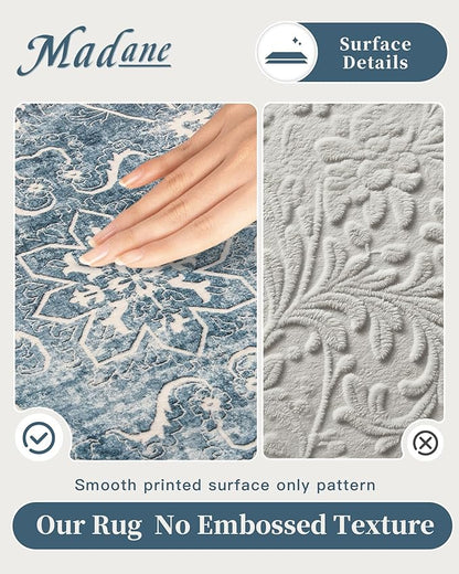 Madane 5x7 Area Rugs for Living Room, Washable Vintage Rug with Non-Slip Backing, Soft Floral Print Throw Rugs Floor Low Pile Carpet for Bedroom Dining Room Farmhouse (5 x 7, Cadet Blue)