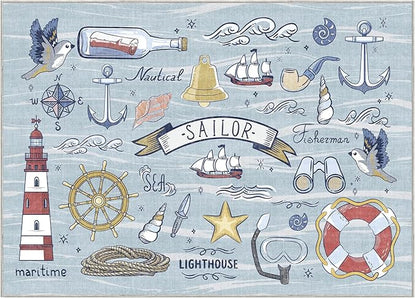 OPPODREAM Nautical Soft Area Rugs 5x7, Washable Blue Rug with Non Slip Backing, 5 x 7 Faux Cashmere Low-Pile 5x7 Carpet