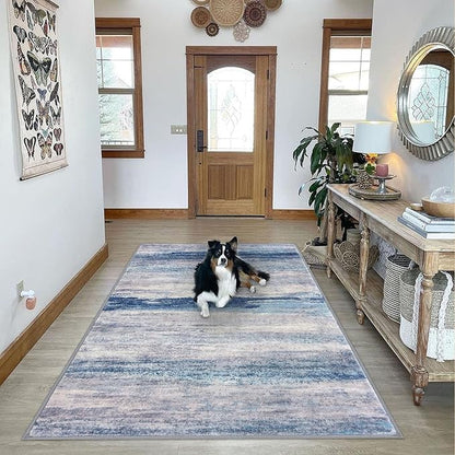 KOZYFLY Washable Area Rug 5x7 Modern Ombre Thin Rugs for Living Room Non-Slip Soft Striped Area Rug for Bedroom, Print Blue/Grey/Beige Abstract Carpet for Kid Room