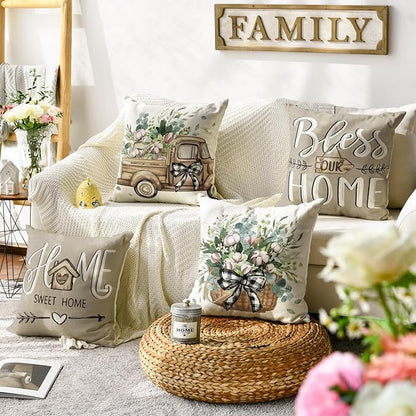 AVOIN colorlife Bless Our Home Sweet Home Farmhouse Eucalyptus Leaves Throw Pillow Covers, 20 x 20 Inch Truck Cushion Case Decorations Set of 4