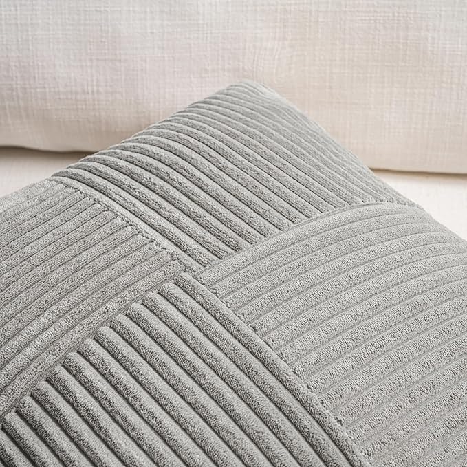 Fancy Homi 2 Packs Grey Lumbar Decorative Throw Pillow Covers 16x32 Inch for Living Room Couch Bed Sofa, Rustic Farmhouse Boho Home Decor, Soft Striped Corduroy Rectangle Accent Cushion Case 40x80 cm