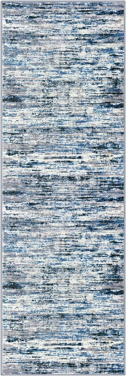 Lansny Modern Abstract Runner Rug 2.6x8, Grey Blue White Washable Kitchen Runner Non-Slip Soft Hallway Rug Runner Thin Print Faux Wool Carpet for Entryway Bedroom Laundry Room Indoor Home Decor