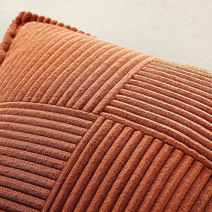 MIULEE Dark Rust Decorative Throw Pillow Covers for Couch Bed Livingroom 18x18 Inch Set of 2 Boho Accent Throw Pllows Broadside Striped Patchwork Soft Corduroy Pillowcases