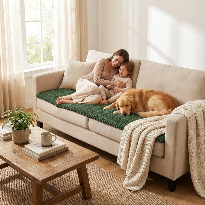 Smiry Couch Cover for Dogs Washable, Non Slip Fuzzy Pet Couch Covers for 3 Cushion Sofa Pet Friendly, Thick Soft Sofa Slipcovers Cushion Protector (Dark Green, 27.6" x 82.7")