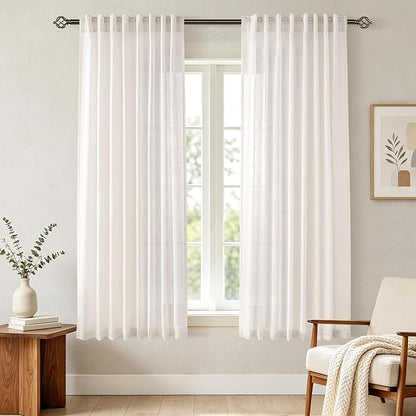 Cream Linen Curtains 63 inch Length 2 Panel Set for Living Room Back Tab Rod Pocket Semi Sheer Light Filtering Bedroom Window Curtain 63 inch Long Modern Farmhouse Neutral Ivory Linen Drapes 60x63