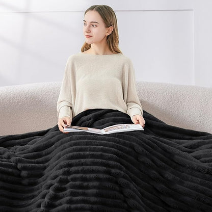 BEDELITE Blankets Queen Size for Bed, 300GSM Soft & Warm Fleece Blanket, Decorative and Giftable Striped Black Blankets for Women, Men, 90"x90"