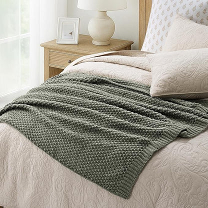 EVERGRACEHOME Chunky Chenille Knit Throw Blanket for Couch, Soft Luxurious Moss Stitch Blankets for Bed, Cozy Decorative Farmhouse Knitted Throws for Sofa, Dried Thyme Green, 50" x 60"