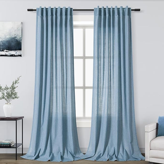 Nanspring Blue Extra Long Curtain 102 inches Long 2 Panels Set for Living Room Back Tab Modern Farmhouse Coastal Decor Cotton Textured Dusty Blue Sheer Linen Curtains for High Window 52x102