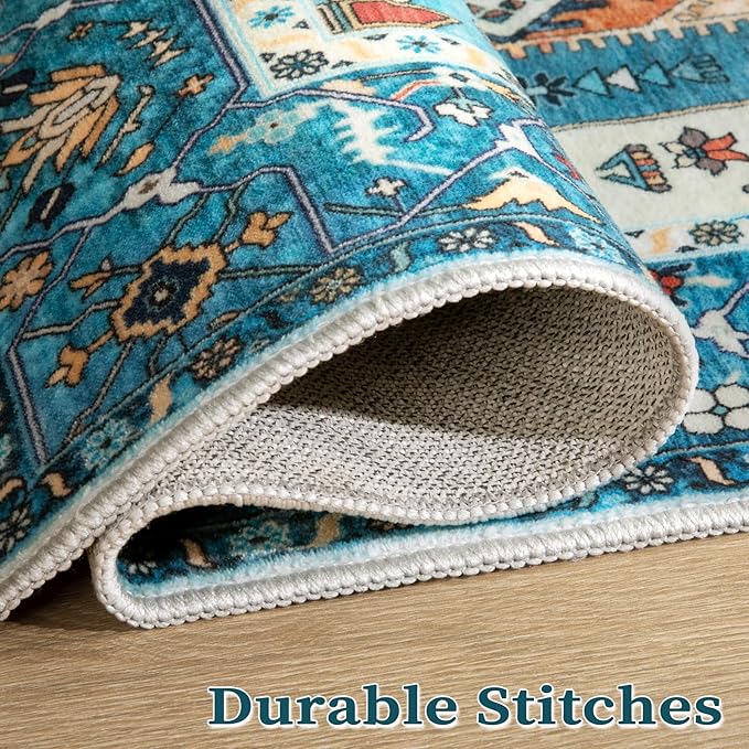 SERISSA 9x12 Area Rugs for Living Room, Large Washable Non-Slip Boho Rug, Ultra Soft Vintage Blue Oriental Print Distressed Farmhouse Carpet for Dining Room Bedroom Dorm Office Home Decor