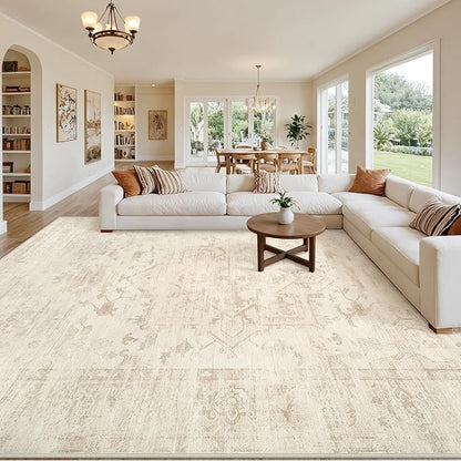 8x10 Area Rugs for Living Room: Vintage Boho Neutral Washable Rug Indoor Soft Large Area Rug Carpet for Bedroom Nursery Farmhouse Dining Room Office Floor Non-Slip Low Pile Under Table Rug Beige/Brown