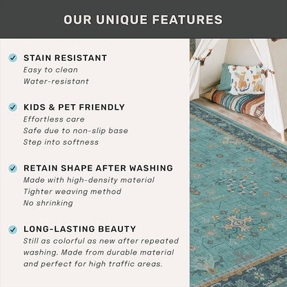 Boho 2x10 Extra Long Runner Rugs for Hallways - Machine Washable for Entryway Indoor, Stain Resistant Runner Rug for Kitchen - Non Slip with Rubber Backing, Teal Low Pile & Soft Carpet